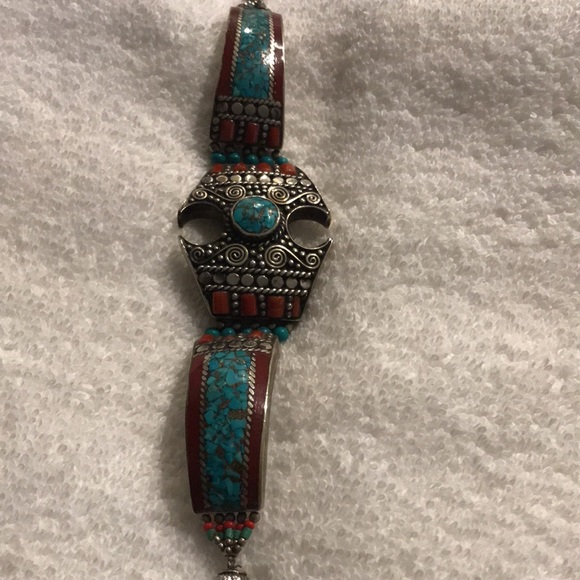 Turquoise and Red Silver Bracelet - Picture 1 of 5